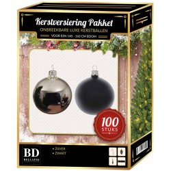 100 stuks Kerstballen mix zilver-zwart voor 150 cm boom - Kerstbal