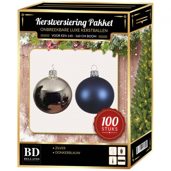 100 stuks Kerstballen mix zilver-donkerblauw voor 150 cm boom - Kerstbal