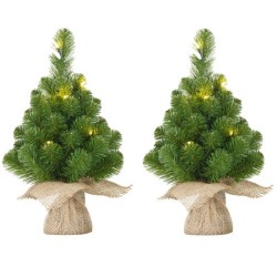 2x Mini kunst kerstboom met 10 LED lampjes 45 cm - Kunstkerstboom