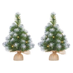 2x Mini kunst kerstboom met 10 LED lampjes en sneeuw 45 cm - Kunstkerstboom