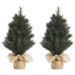 2x Groene kunst kerstbomen 45 cm met jute zak/kluit - Kunstkerstboom