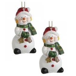 2x Kersthangers sneeuwpop beeldjes met groene handschoenen 8 cm - Kersthangers