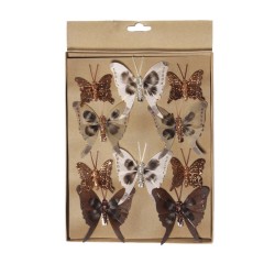 10x stuks decoratie vlinders op clip bruin tinten diverse maten - Kersthangers