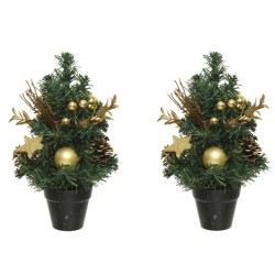 2x stuks mini kunst kerstbomen/kunstbomen met gouden versiering 30 cm - Kunstkerstboom