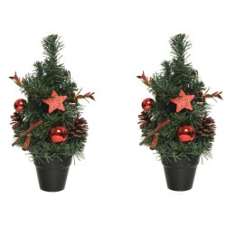 2x stuks mini kunst kerstbomen/kunstbomen met rode versiering 30 cm - Kunstkerstboom