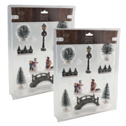 2x set van 10 stuks kerstdorp accessoires figuurtjes/poppetjes en kerstboompje - Kerstdorpen
