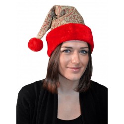 Luxe kerstmuts beige/rood met glitters en pluche - Kerstmutsen