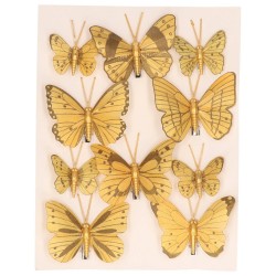 10x stuks decoratie vlinders op clip glimmend goud 7 x 5 cm / 4 x 3 cm - Kersthangers