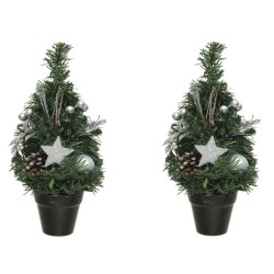 2x stuks mini kunst kerstbomen/kunstbomen met zilveren versiering 30 cm - Kunstkerstboom
