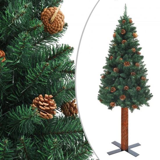 vidaXL Kerstboom met echt hout en dennenappels smal 180 cm PVC groen