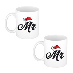 2x stuks Mr kerstmuts cadeau mok / beker wit voor heren 300 ml - Bekers