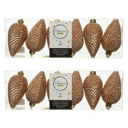 12x Camel bruine dennenappels kersthangers 8 cm kunststof glitter - Kersthangers