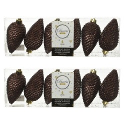 12x Donkerbruine dennenappels kersthangers 8 cm kunststof glitter - Kersthangers