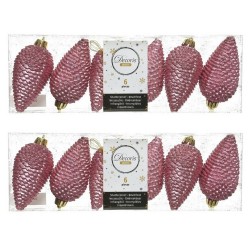 12x Oud roze dennenappels kersthangers 8 cm kunststof glitter - Kersthangers