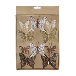 10x stuks decoratie vlinders op clip bruin/goud diverse maten - Kersthangers