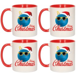 Set van 4x stuks merry Christmas kerstcadeau kerstmokken rood kerstbal blauw met kerstmuts 300 ml - Bekers