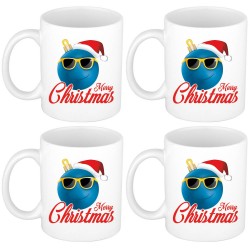 Set van 4x stuks merry Christmas kerstcadeau kerstmokken blauwe kerstbal met kerstmuts 300 ml - Bekers