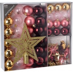 Kerstballen versierset kunststof 45 delig roze/goud/marsala